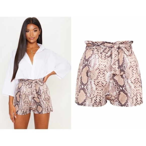 Pretty Little Thing Brown Snakeskin Print Ruched Tie Waist Short Size 12 Large - Picture 1 of 6